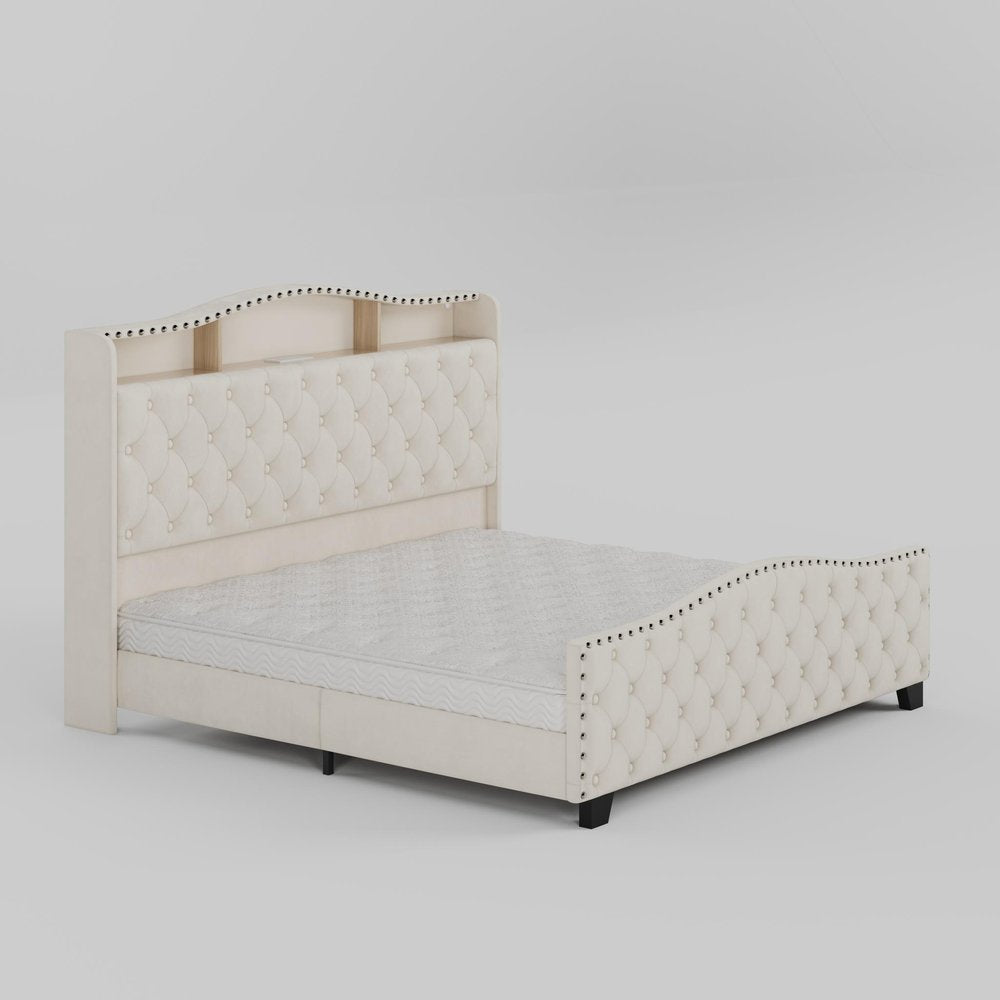 Beige Tufted Velvet Upholstered Queen Bed Frame With Lights USB And Shelves