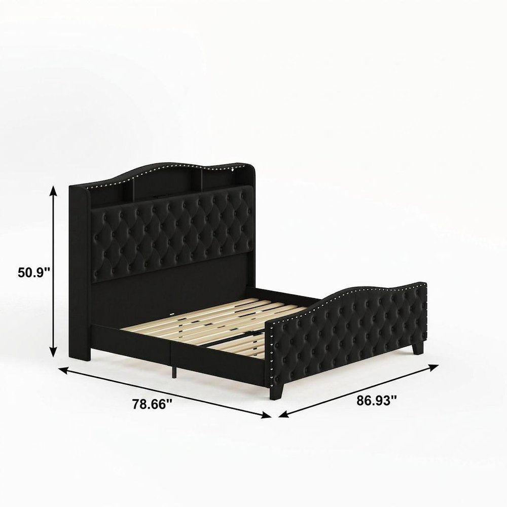 Black Tufted Velvet Upholstered Queen Bed Frame With Lights USB And Shelves