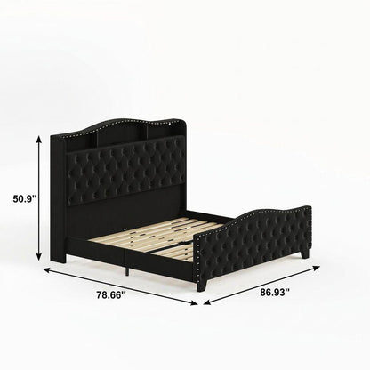 Black Tufted Velvet Upholstered Queen Bed Frame With Lights USB And Shelves