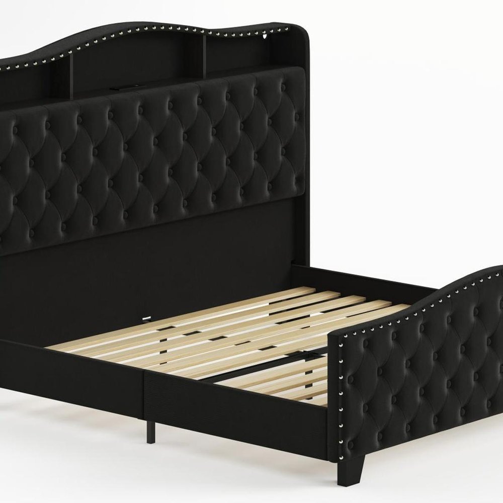 Black Tufted Velvet Upholstered Queen Bed Frame With Lights USB And Shelves