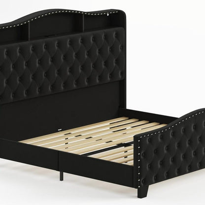 Black Tufted Velvet Upholstered Queen Bed Frame With Lights USB And Shelves