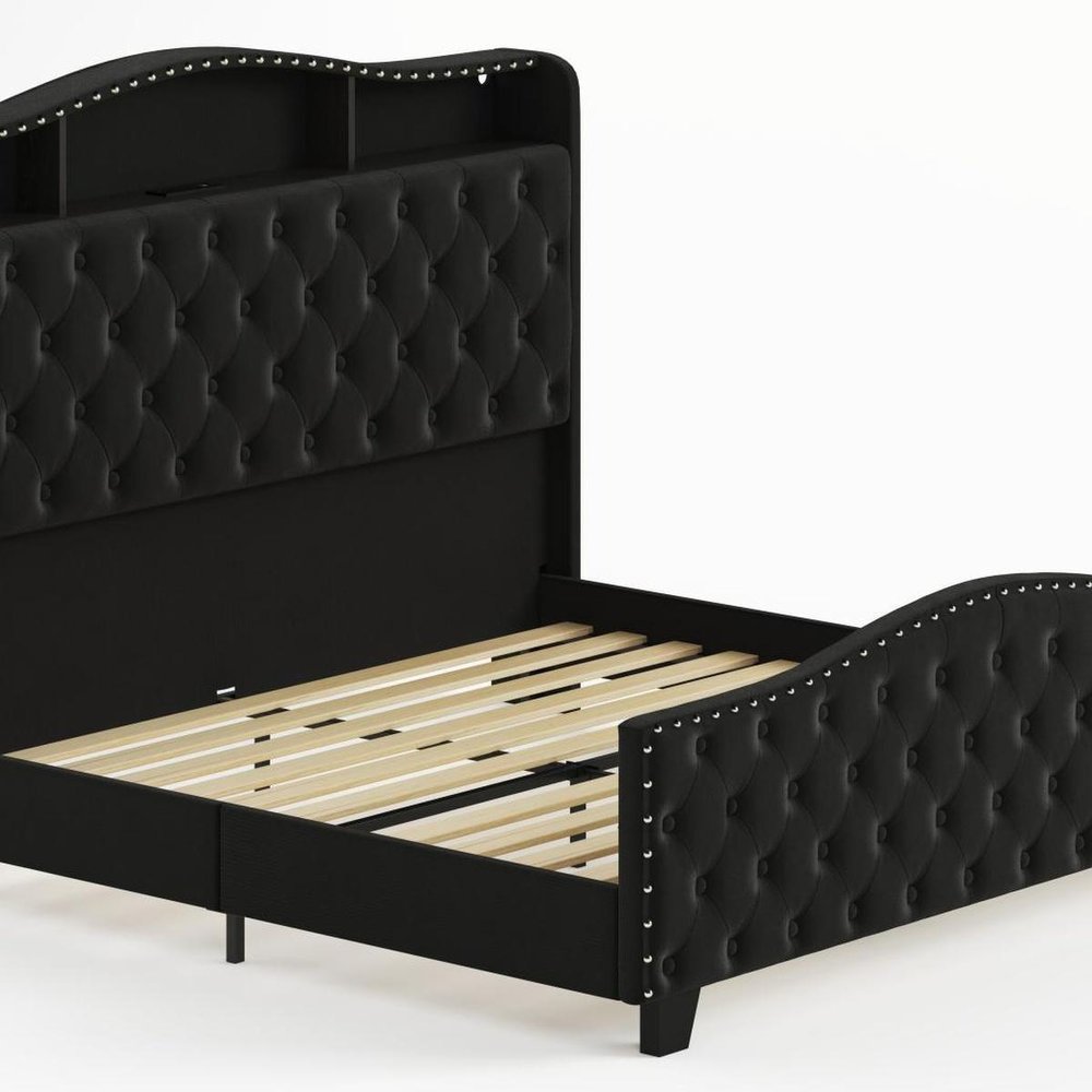 Black Tufted Velvet Upholstered Queen Bed Frame With Lights USB And Shelves