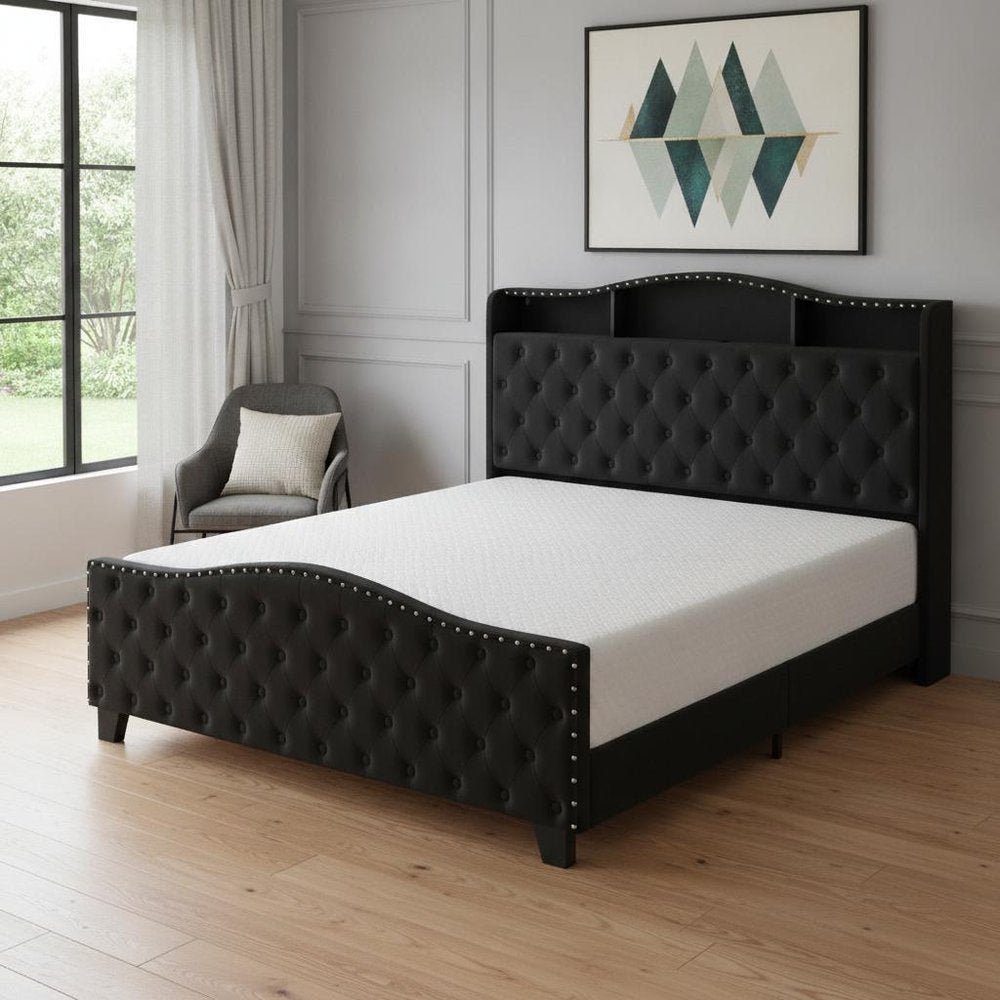 Black Tufted Velvet Upholstered Queen Bed Frame With Lights USB And Shelves
