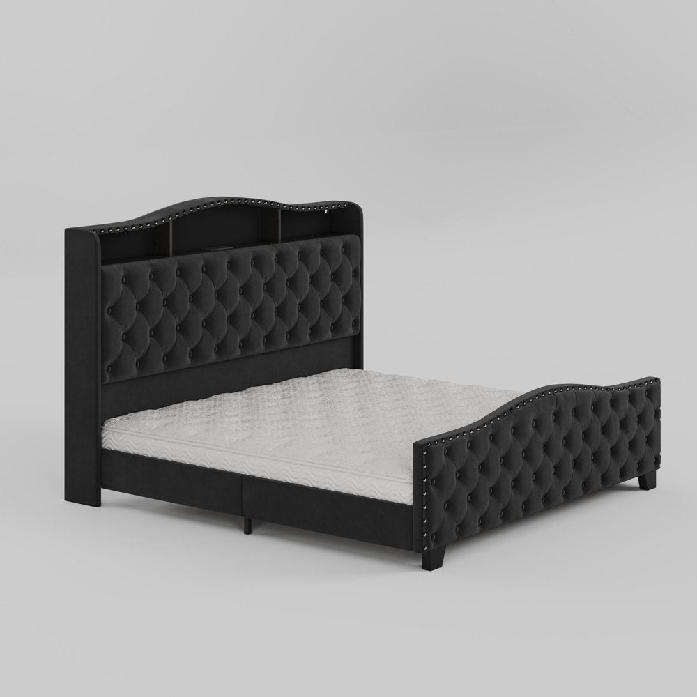 Black Tufted Velvet Upholstered Queen Bed Frame With Lights USB And Shelves