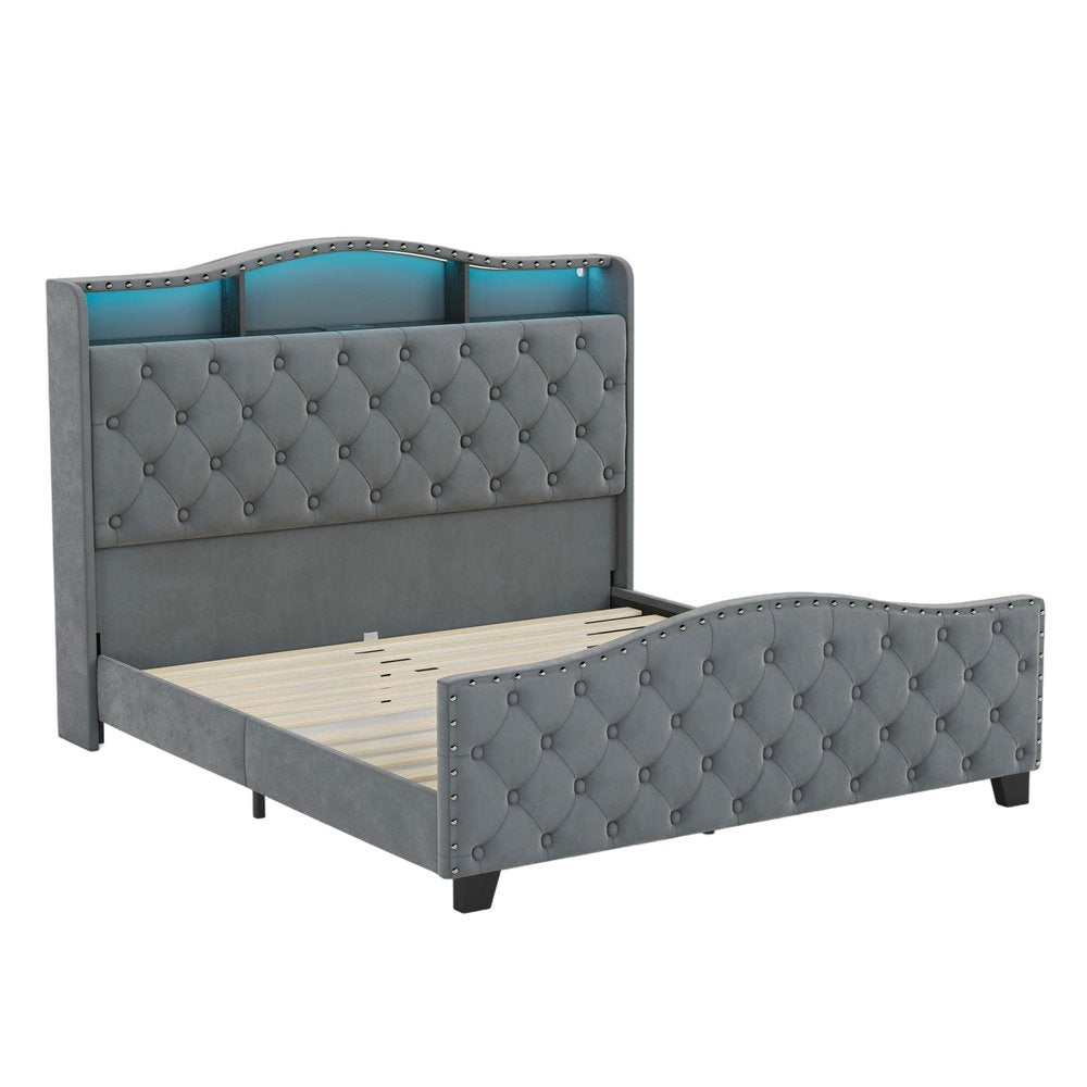 Gray Tufted Velvet Upholstered Queen Bed Frame With Lights USB And Shelves