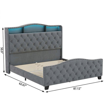 Gray Tufted Velvet Upholstered Queen Bed Frame With Lights USB And Shelves