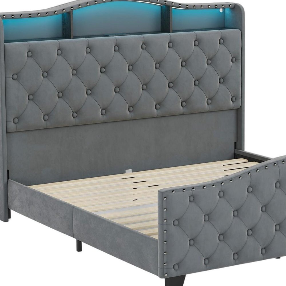 Gray Tufted Velvet Upholstered Queen Bed Frame With Lights USB And Shelves