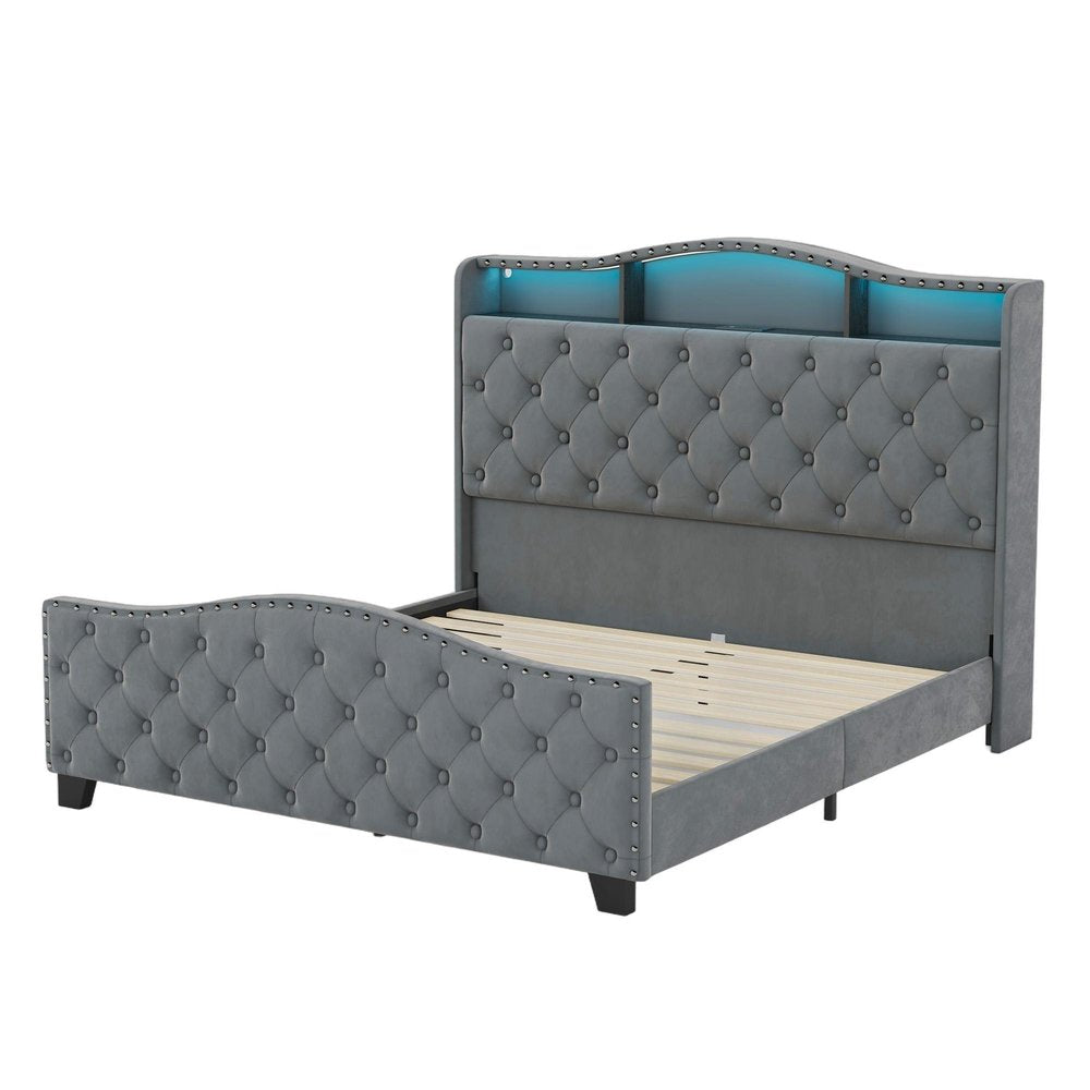 Gray Tufted Velvet Upholstered Queen Bed Frame With Lights USB And Shelves