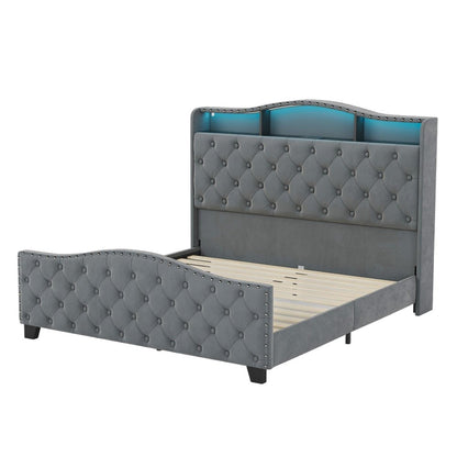 Gray Tufted Velvet Upholstered Queen Bed Frame With Lights USB And Shelves