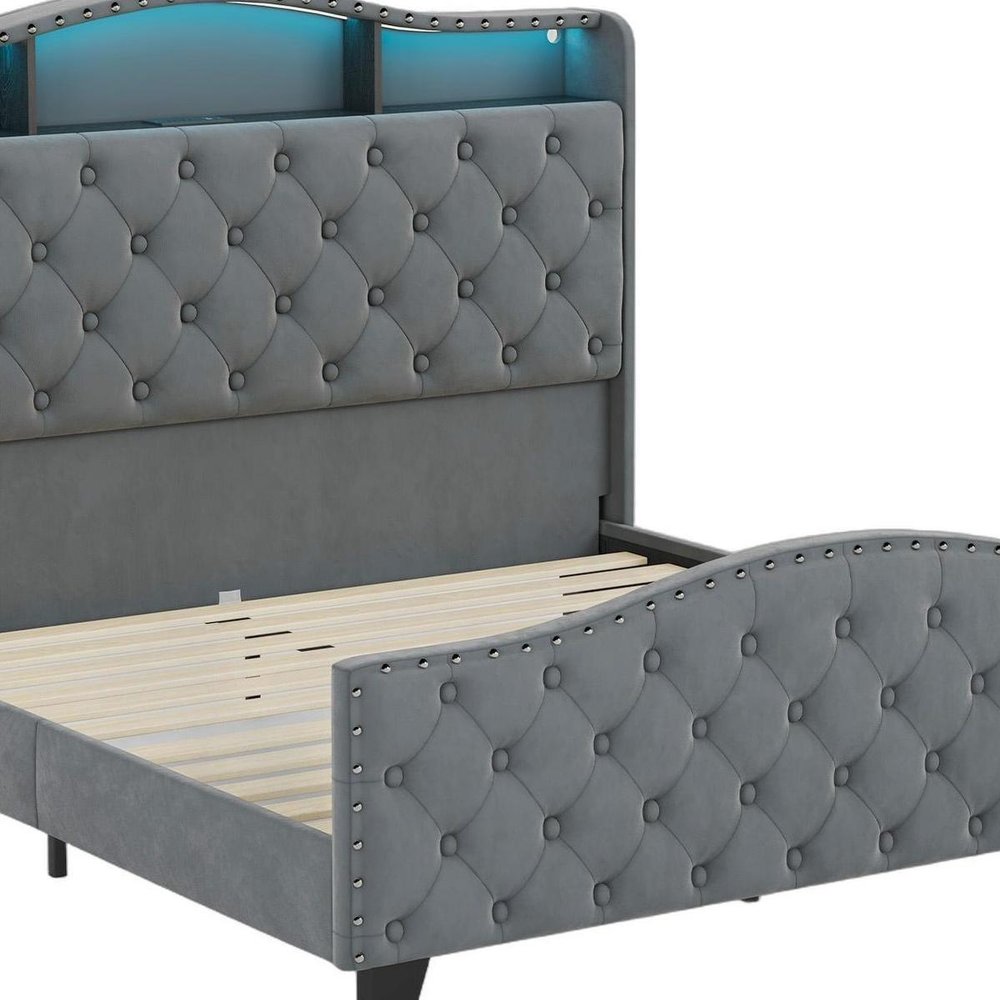 Gray Tufted Velvet Upholstered Queen Bed Frame With Lights USB And Shelves