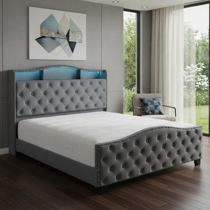 Gray Tufted Velvet Upholstered Queen Bed Frame With Lights USB And Shelves