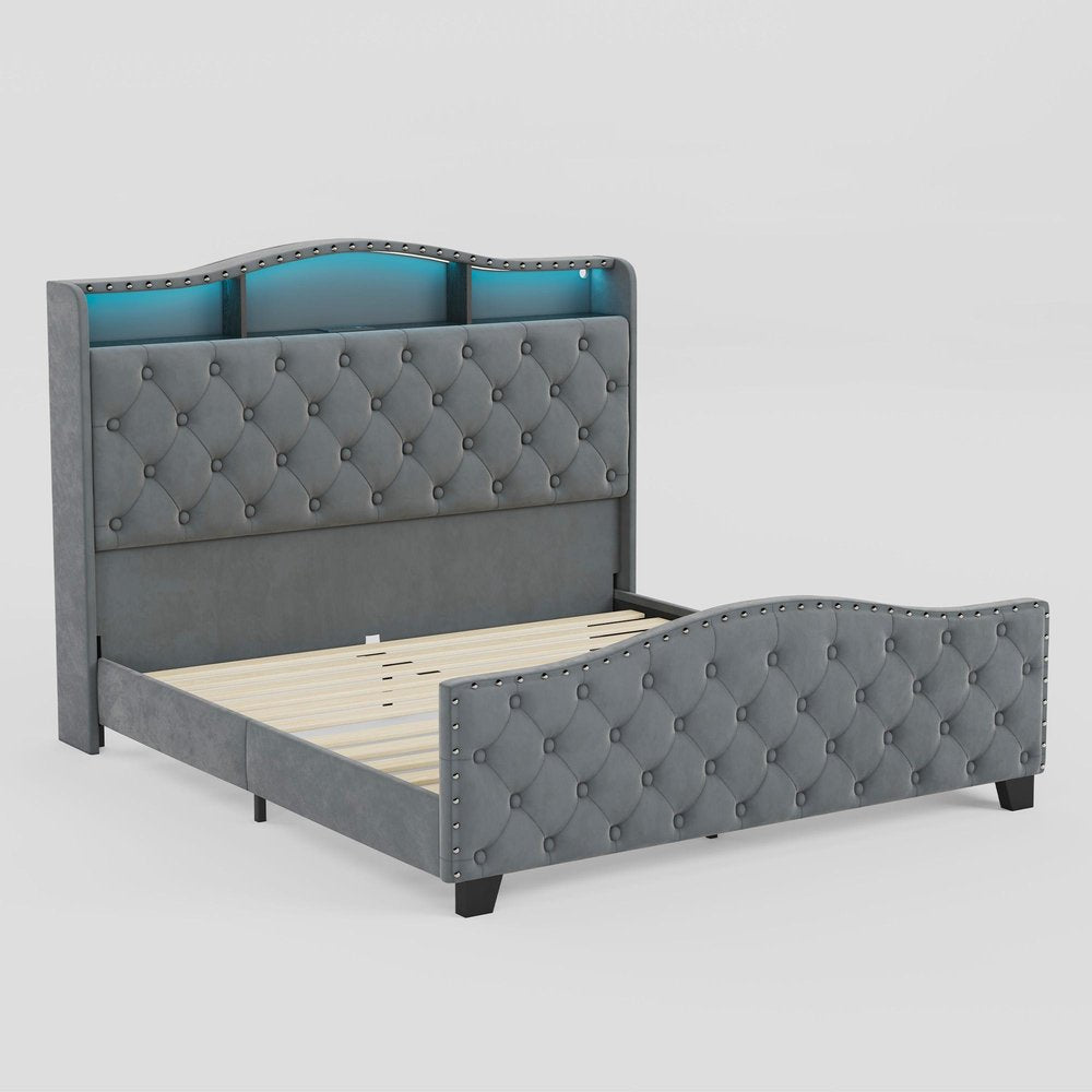 Gray Tufted Velvet Upholstered Queen Bed Frame With Lights USB And Shelves
