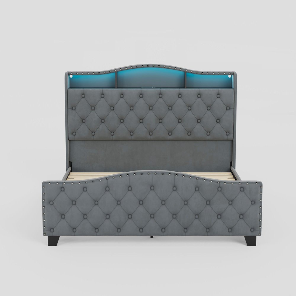 Gray Tufted Velvet Upholstered Queen Bed Frame With Lights USB And Shelves