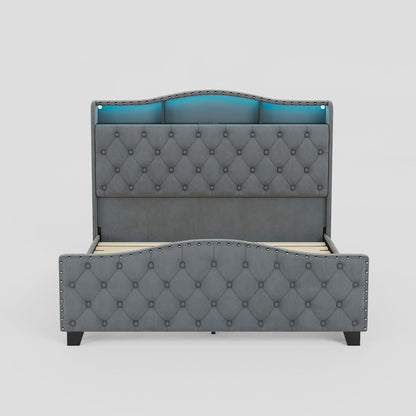Gray Tufted Velvet Upholstered Queen Bed Frame With Lights USB And Shelves