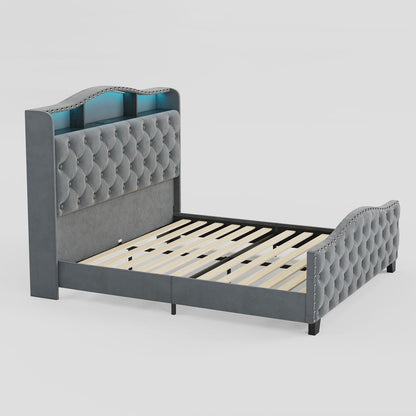 Gray Tufted Velvet Upholstered Queen Bed Frame With Lights USB And Shelves