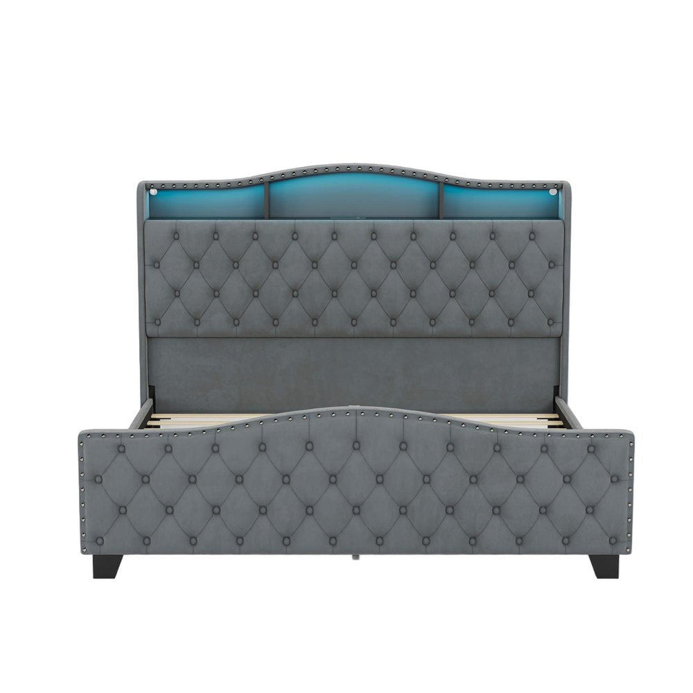 Gray Tufted Velvet Upholstered Queen Bed Frame With Lights USB And Shelves