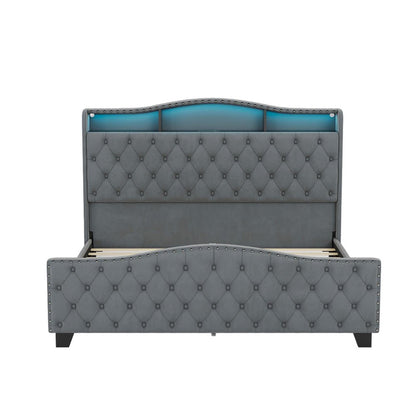 Gray Tufted Velvet Upholstered Queen Bed Frame With Lights USB And Shelves