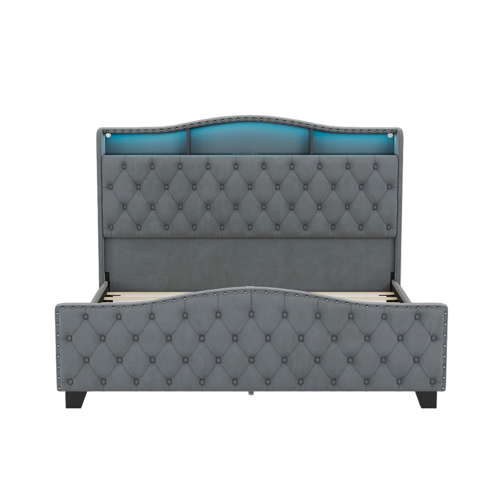 Gray Tufted Velvet Upholstered Queen Bed Frame With Lights USB And Shelves