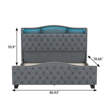 Gray Tufted Velvet Upholstered Queen Bed Frame With Lights USB And Shelves