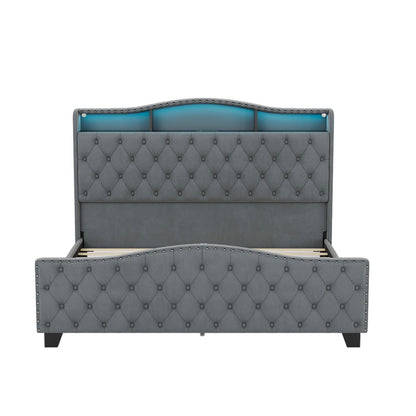 Gray Tufted Velvet Upholstered Queen Bed Frame With Lights USB And Shelves