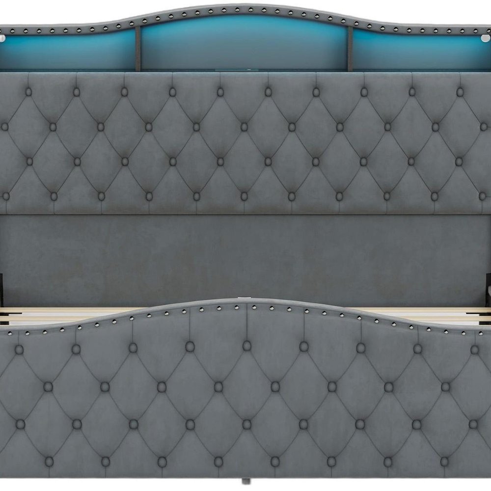 Gray Tufted Velvet Upholstered Queen Bed Frame With Lights USB And Shelves