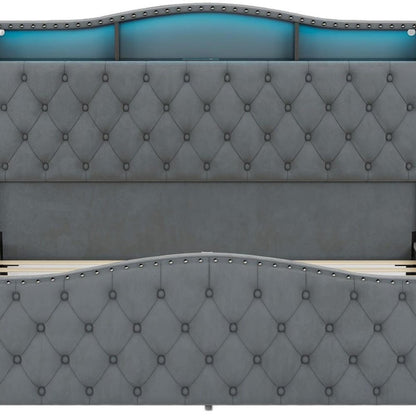 Gray Tufted Velvet Upholstered Queen Bed Frame With Lights USB And Shelves