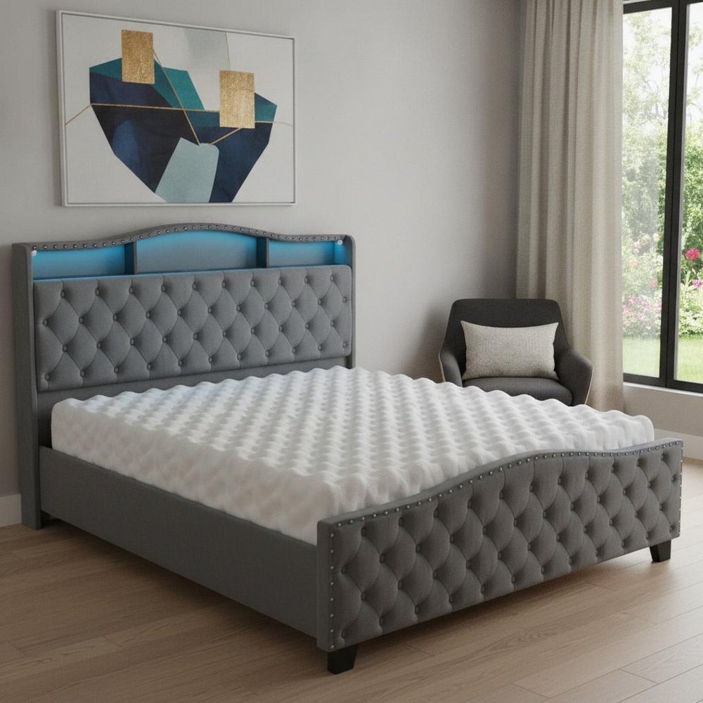 Gray Tufted Velvet Upholstered Queen Bed Frame With Lights USB And Shelves
