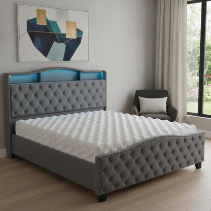 Gray Tufted Velvet Upholstered Queen Bed Frame With Lights USB And Shelves