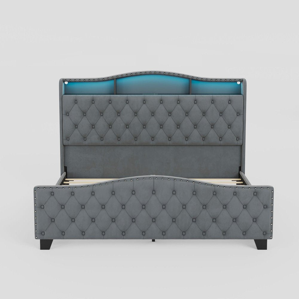 Gray Tufted Velvet Upholstered Queen Bed Frame With Lights USB And Shelves