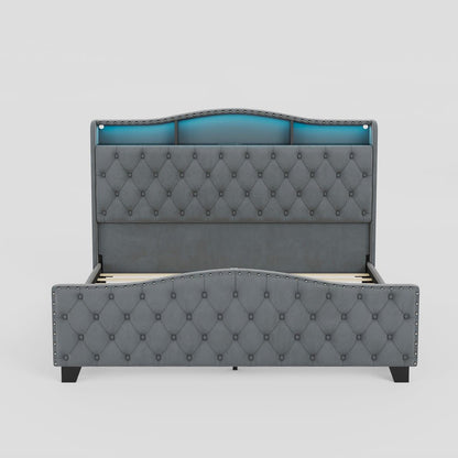 Gray Tufted Velvet Upholstered Queen Bed Frame With Lights USB And Shelves