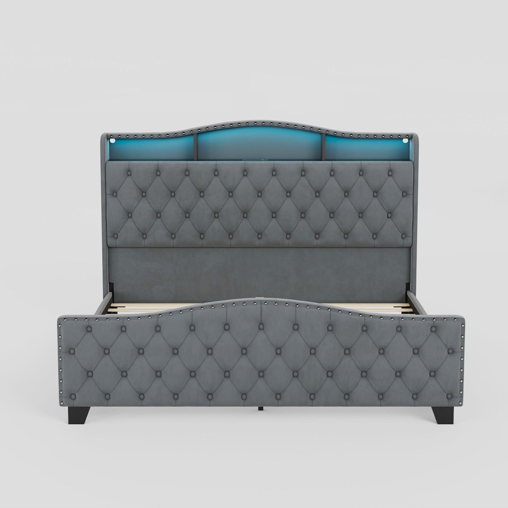 Gray Tufted Velvet Upholstered Queen Bed Frame With Lights USB And Shelves
