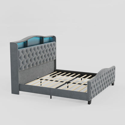 Gray Tufted Velvet Upholstered Queen Bed Frame With Lights USB And Shelves