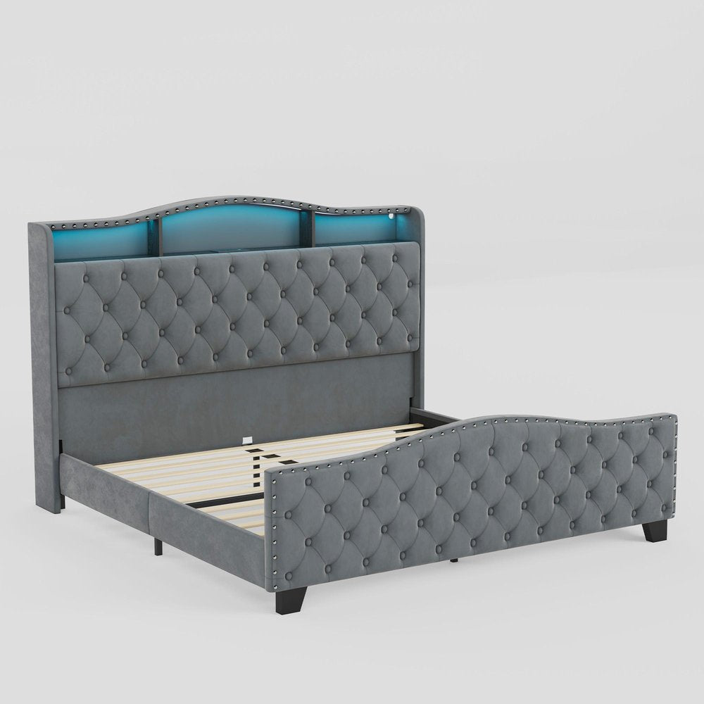 Gray Tufted Velvet Upholstered Queen Bed Frame With Lights USB And Shelves