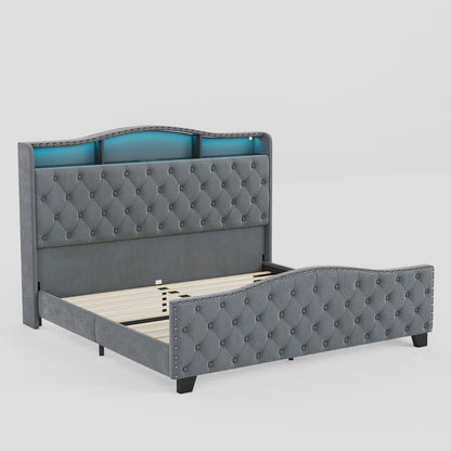 Gray Tufted Velvet Upholstered Queen Bed Frame With Lights USB And Shelves