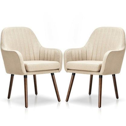 Set of 2 Retro Off-White Linen Upholstered Accent Chair with Stylish Wood Legs