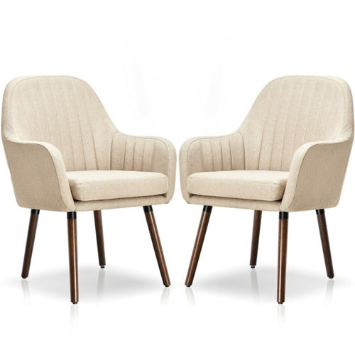 Set of 2 Retro Off-White Linen Upholstered Accent Chair with Stylish Wood Legs