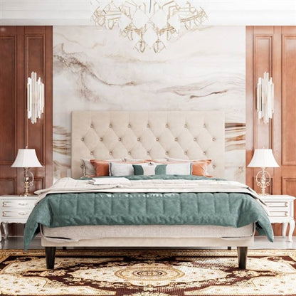 Beige Linen Upholstered Platform Bed with Button-Tufted Headboard