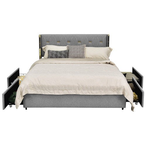 Grey/Gold Linen Headboard 4 Drawer Storage Platform Bed