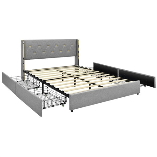 Grey/Gold Linen Headboard 4 Drawer Storage Platform Bed