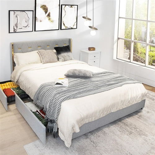 Grey/Gold Linen Headboard 4 Drawer Storage Platform Bed