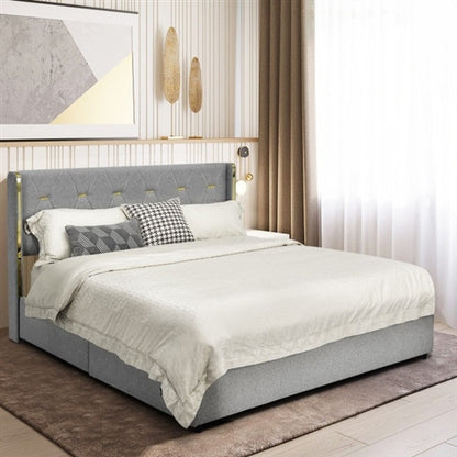 Grey/Gold Linen Headboard 4 Drawer Storage Platform Bed