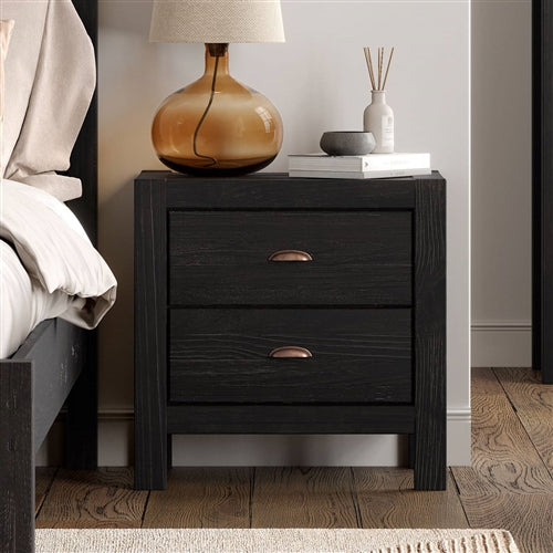 Farmhouse Style Solid Pine Wood 2-Drawer Nightstand Bedside Table in Black