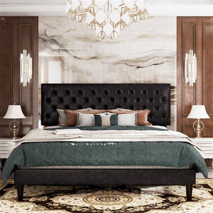 Black Faux Leather Upholstered Platform Bed with Button-Tufted Headboard