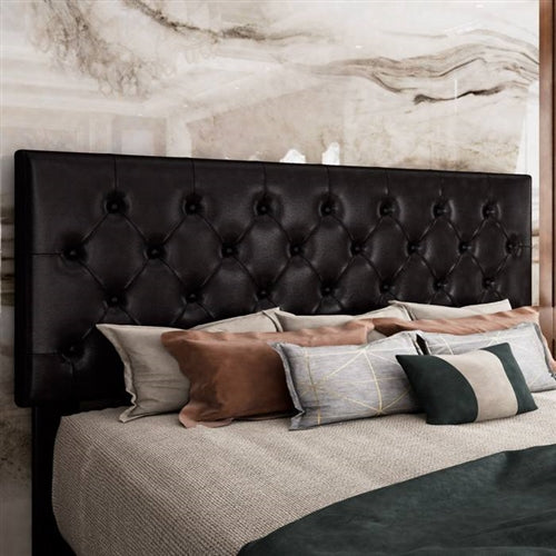 Black Faux Leather Upholstered Platform Bed with Button-Tufted Headboard