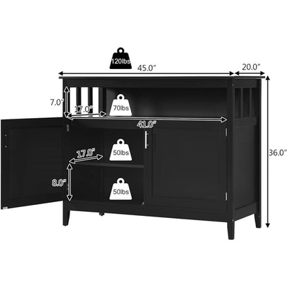 Black Wood 2-Door Dining Buffet Sideboard Cabinet with Open Storage Shelf