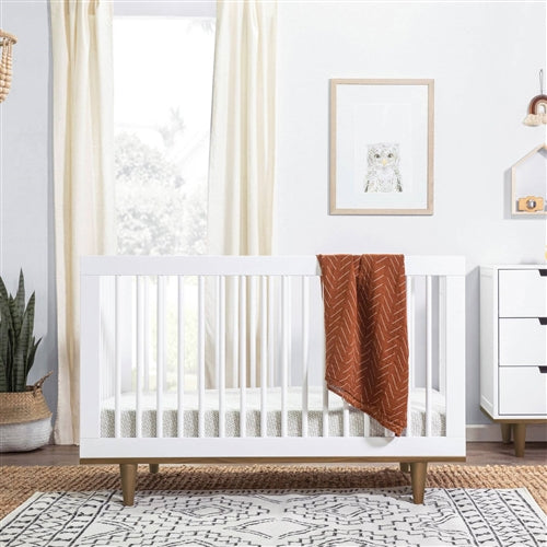 3-in-1 Modern Solid Wood Crib in White with Mid Century Style Legs in Walnut