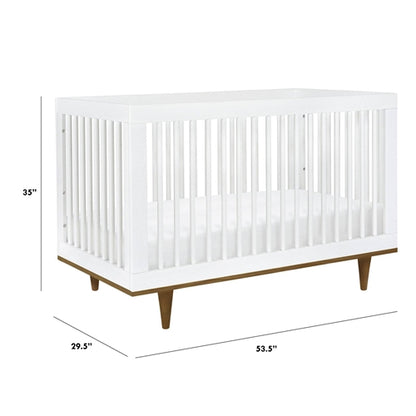 3-in-1 Modern Solid Wood Crib in White with Mid Century Style Legs in Walnut