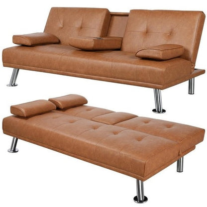 Brown Modern Faux Leather Cup Holders Convertible Sofa Bed Futon Sleeper