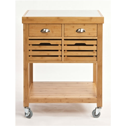 Stainless Steel Top Bamboo Wood Kitchen Cart with Casters