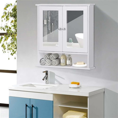 White Bathroom Wall Medicine Cabinet with Mirror and Open Shelf